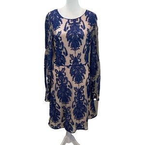 Chelsea & Violet Elegant Sheer Lined Damask Blue and Cream Lined Dress. Size M.